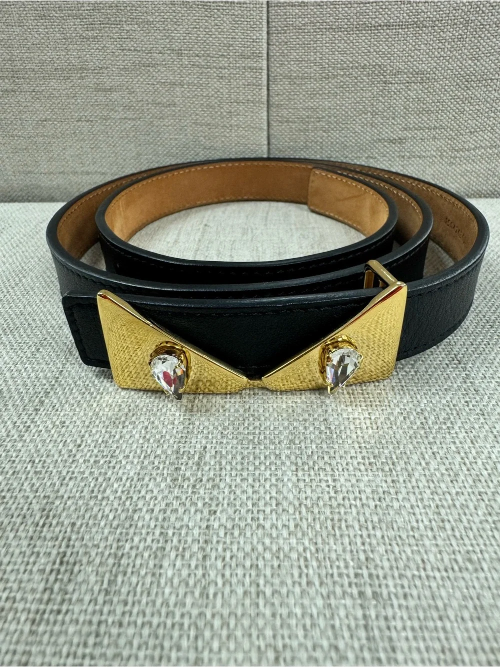 Fendi Black Monster Leather Belt with Gold Crystal Studs